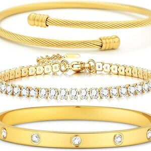 18K Gold Plated Love Bangle Stack Cuff Jewelry Set for Women Gift Box